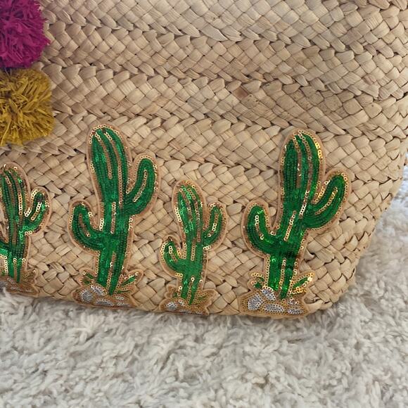 Straw Oversized Sequin Cactus 🌵Colorful Straw Pom Pom Accents Tote - Picture 4 of 11